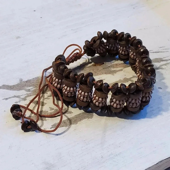 Vintage 90s Y2K Brown Wood Acrylic Rondelle Beads OSFA Adjustable Bracelet - Picture 7 of 9